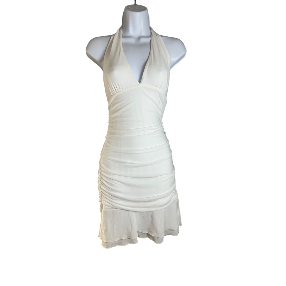 MIYIEONE Women White Ruched Halter Neck Mini Bodycon Dress Ruffle Hem Size S